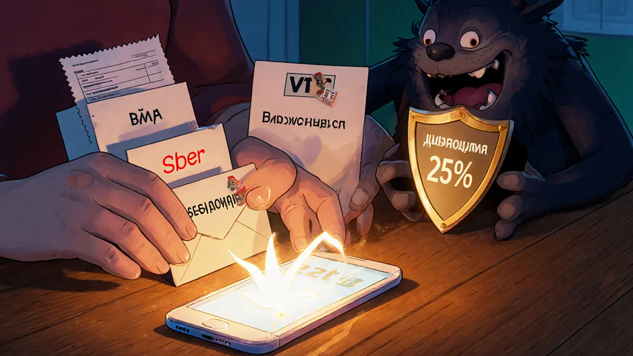 Человек распределяет деньги по конвертам, рядом — цифровые счета банка, а монстр инфляции пытается украсть сбережения.