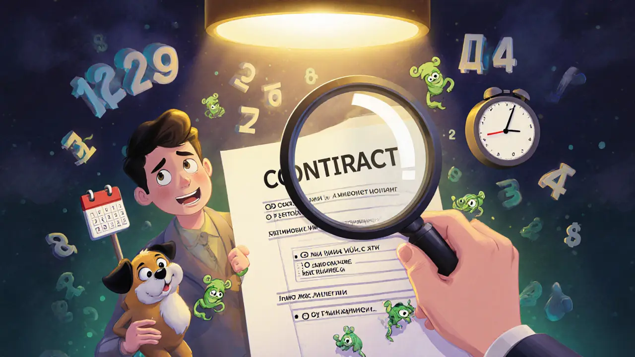 Человек разглядывает договор, из которого выползают скрытые платежи, а над ним светится выгодная ставка банка.