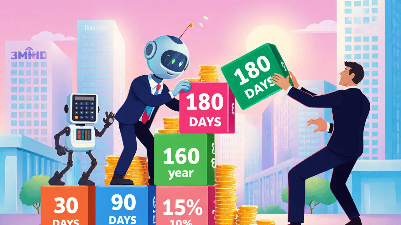 Человек строит лестницу вкладов из цветных блоков с разными сроками и процентами, а тень пытается сбросить долгосрочный вклад.