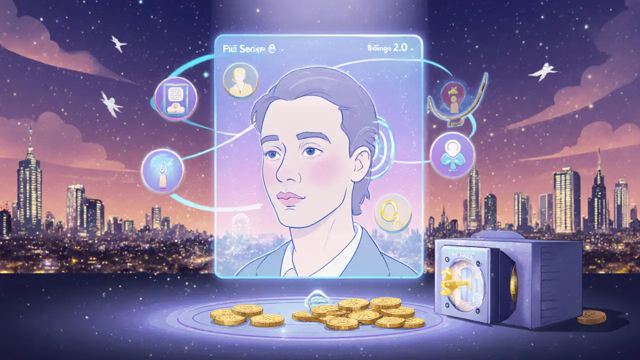 Голографический скан лица в 2025 году с технологиями безопасности, окружающими его.