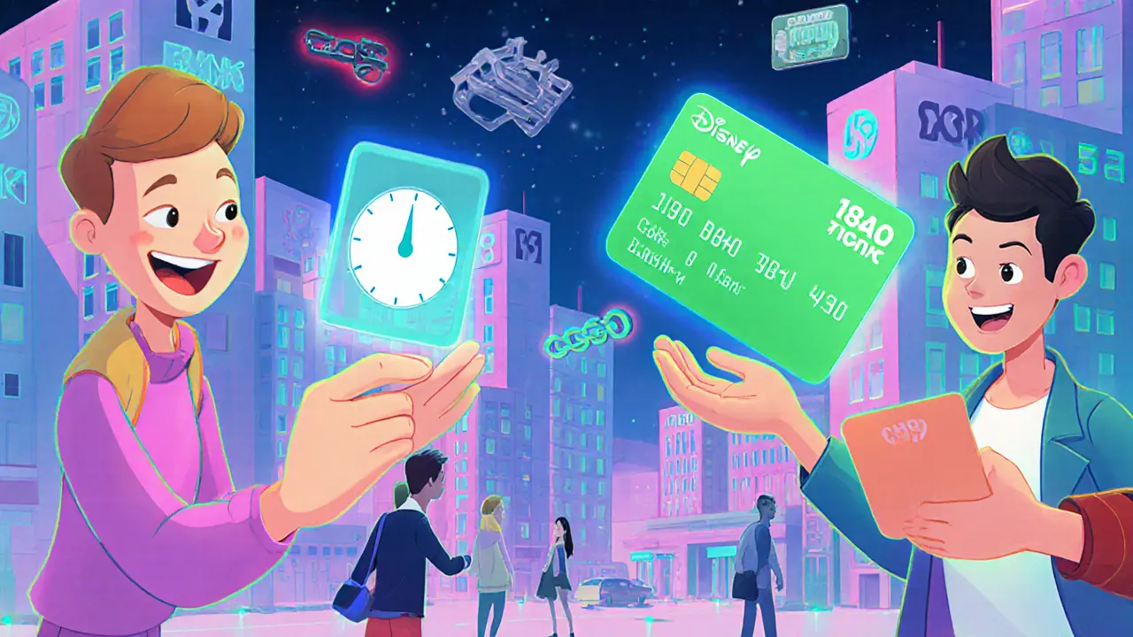 Город с голографическими кредитными картами: одна светится зеленым, другая — красным предупреждением.