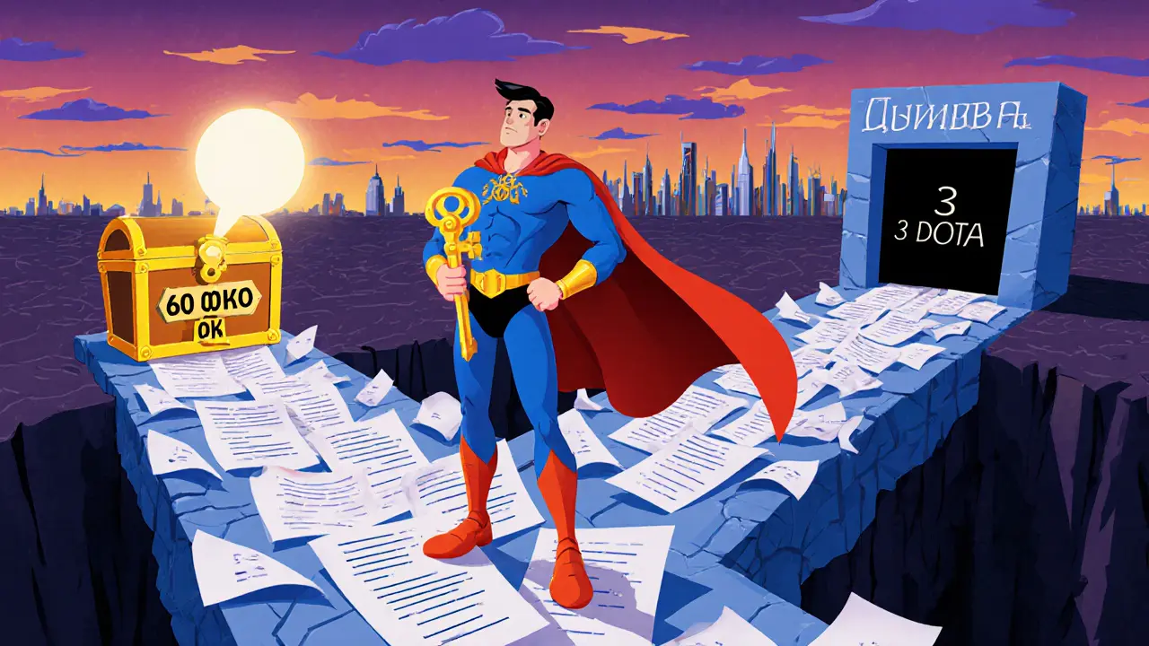 Инвестор стоит на мосту из документов, перед ним три пути: сокровище, запертая дверь и пропасть.