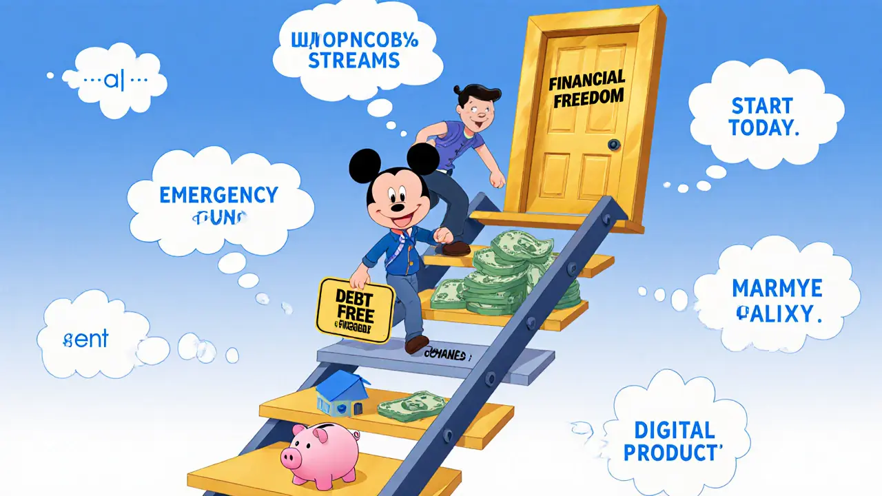 Лестница из финансовых шагов ведет к золотой двери свободы, человек поднимается по ней.