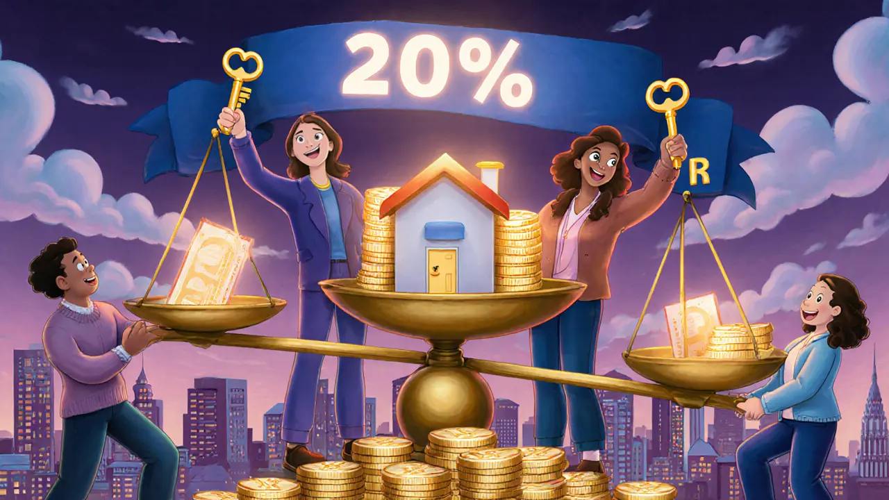 Люди из разных городов России держат ключи из монет, балансируя дом и деньги на весах под знаком 20%.