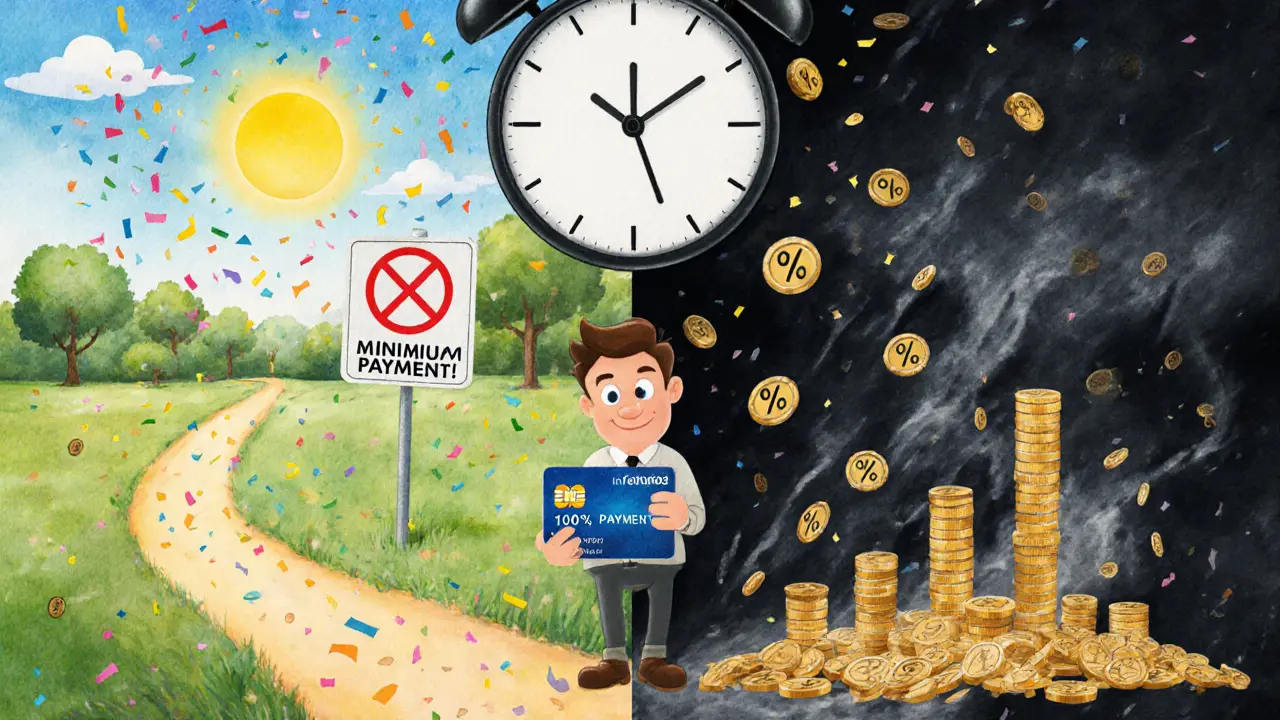 Мужчина стоит на перепутье: один путь — без процентов, другой — с растущими долгами.