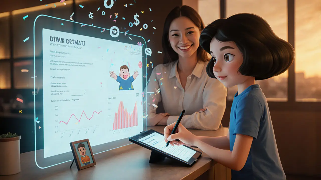 Подросток оформляет вклад онлайн в банке, родитель смотрит с одобрением.