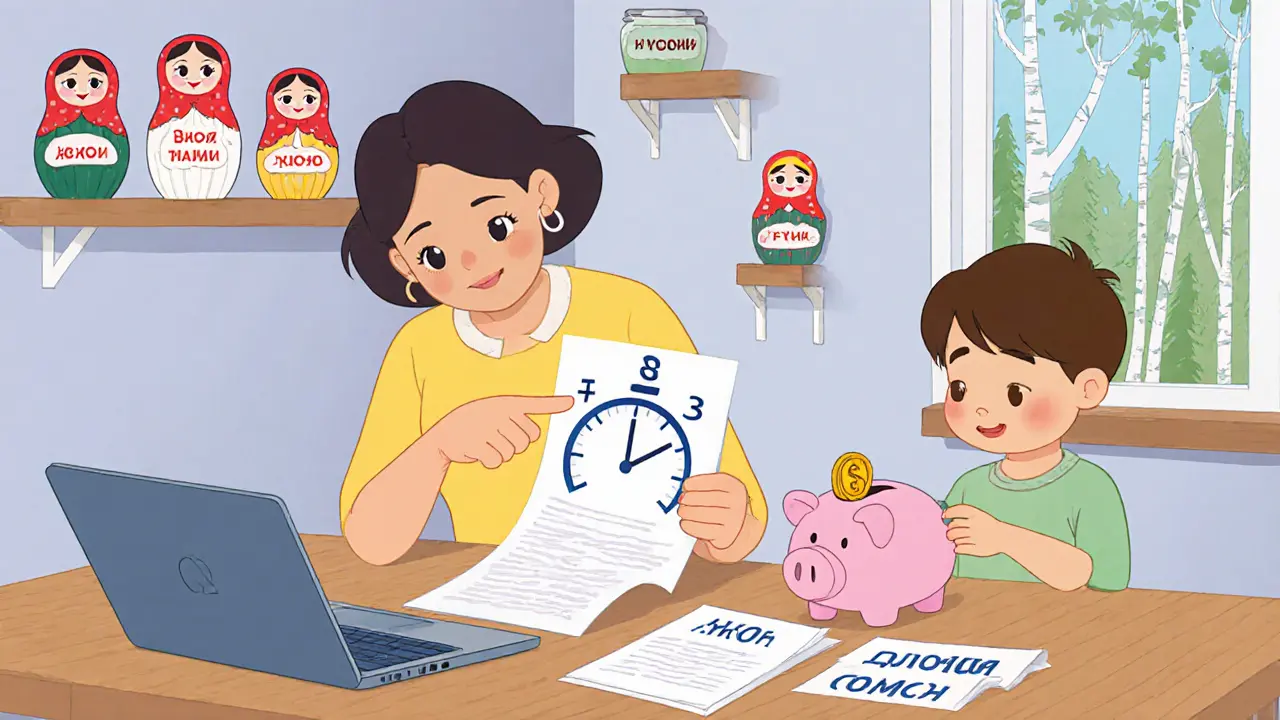 Семья рассматривает документы по ИИС-3, ребенок кладет деньги в копилку, на фоне — часы и банки с пометками.