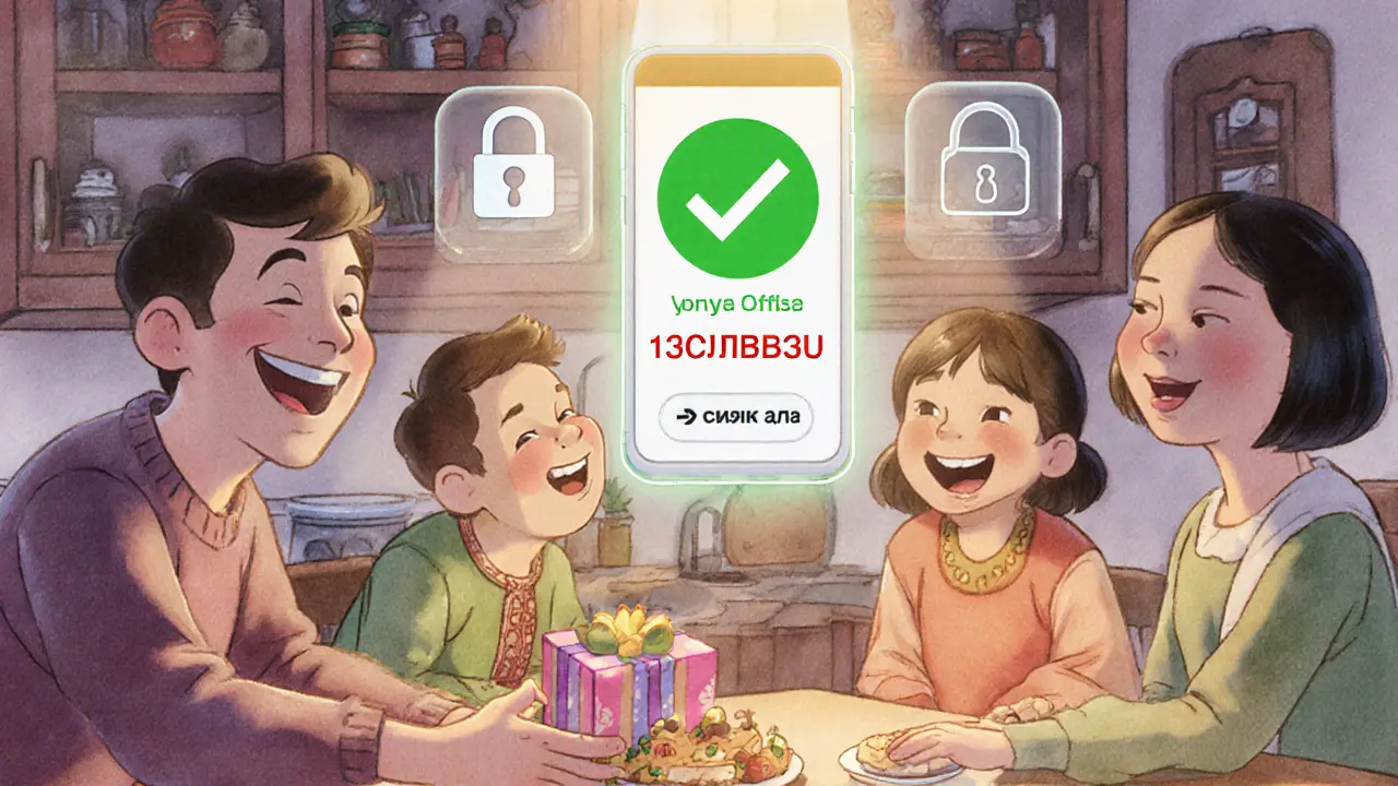 Семья в русской кухне счастливо отправляет подарок по номеру телефона, рядом висит предупреждающий значок.