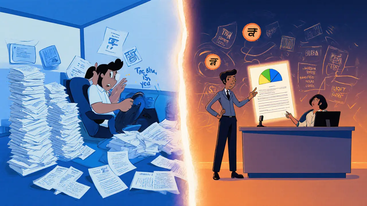 Сравнение двух путей: хаотичный автосалон и прозрачный банк с чёткими условиями кредита.