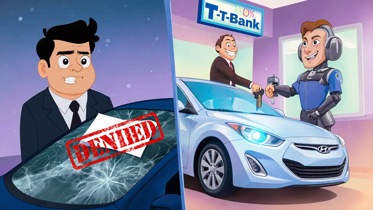 Сравнение отказа и одобрения кредита на подержанный автомобиль в мультяшном стиле