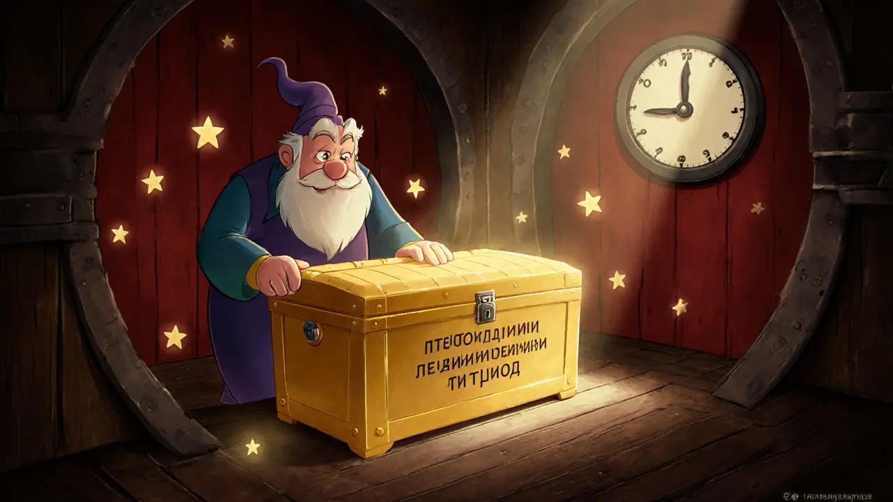 Старик запечатывает золотой сейф с крупной суммой, вокруг — символы роста и времени.