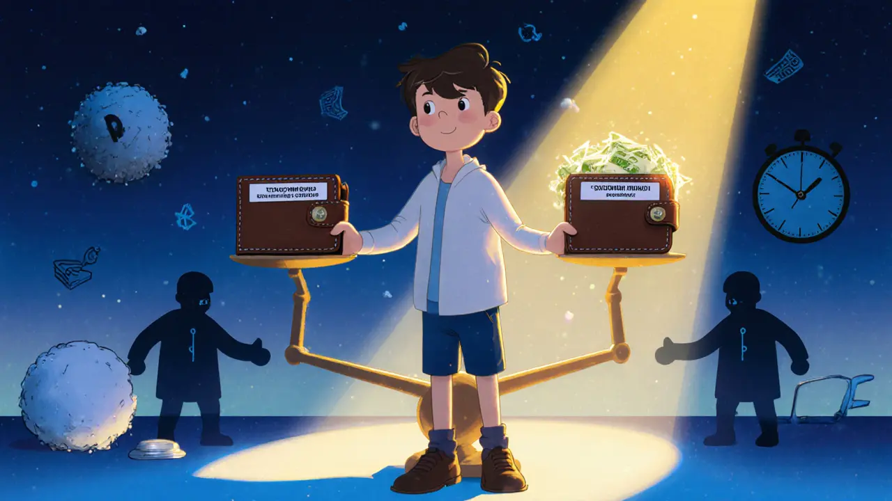 Студент держит два кошелька: один пустой, другой с крупной стипендией, вокруг — финансовые ловушки.