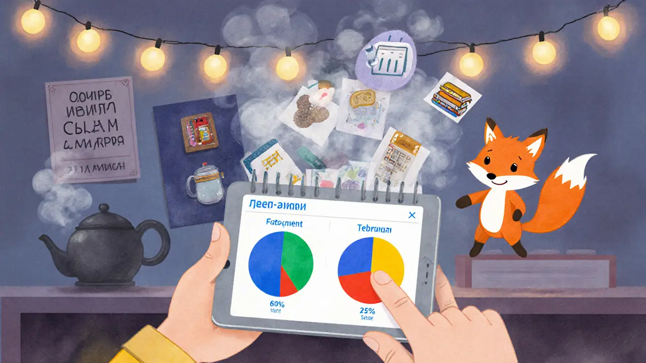 Студент смотрит на экран приложения с бюджетом, рядом календарь с месяцами экзаменов и расходами.