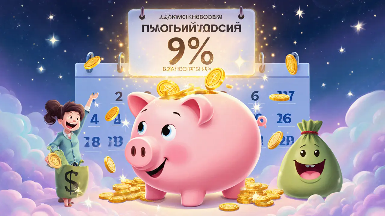 Улыбающийся копилка с деньгами, которые свободно входят и выходят, над ней светится 9%.