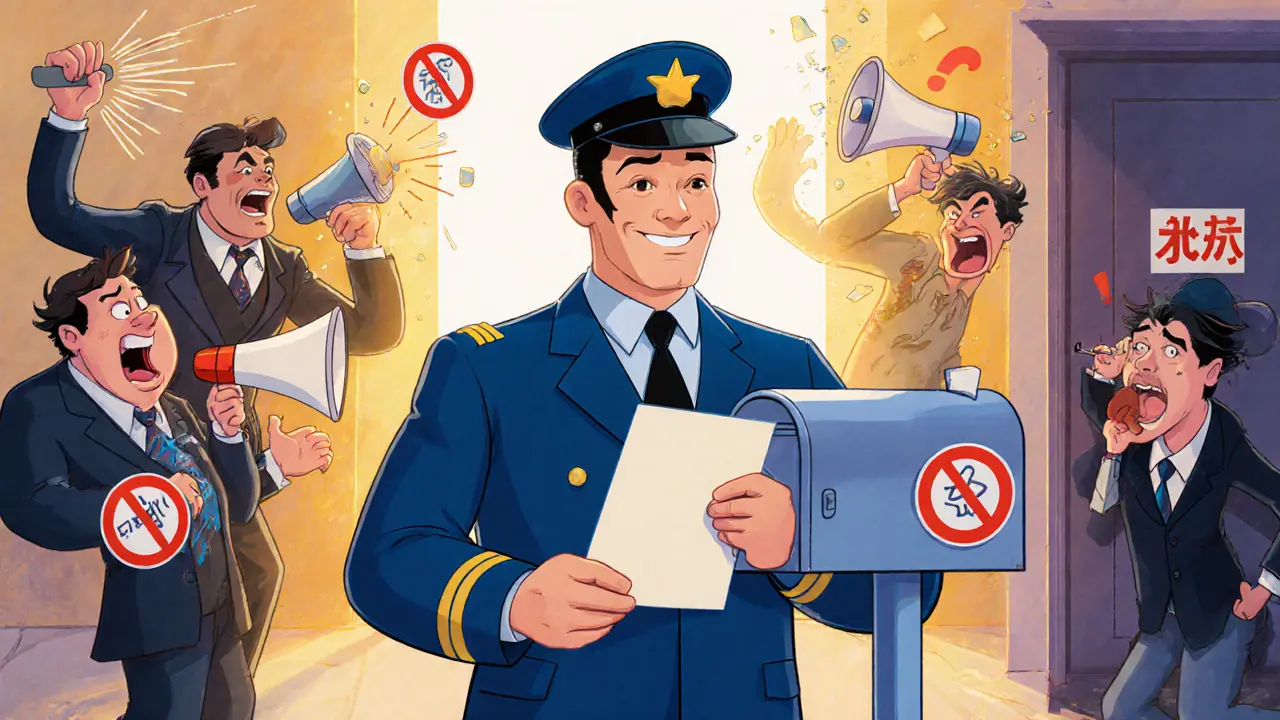 Законный коллектор передаёт письмо, в то время как мошенники пытаются запугать — все с красными запретами.