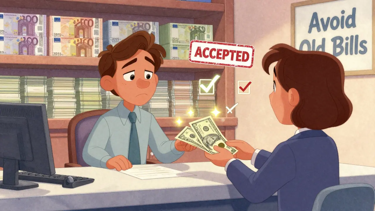Банковский служащий отказывает в принятии старых долларов, предлагая новые, с яркими символами одобрения.
