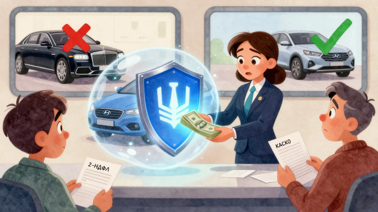 Банковский служащий передаёт деньги правительству, которое защищает российскую машину, в то время как импортная машина отвергнута.