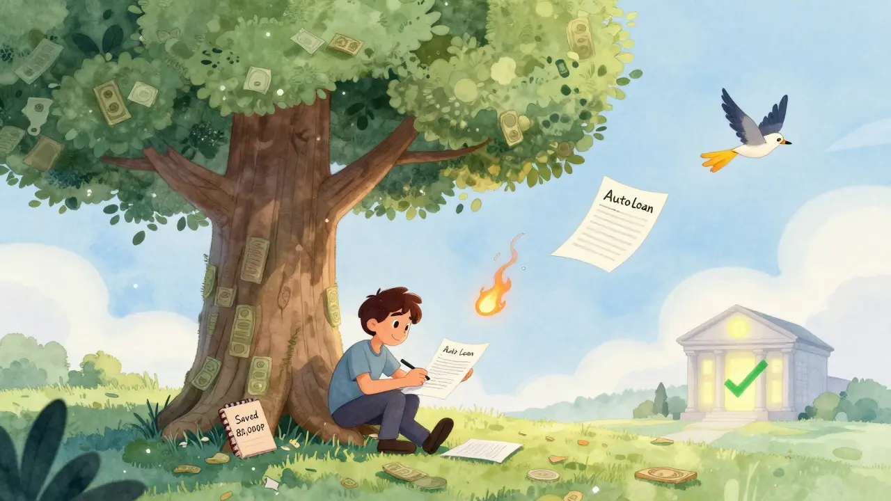 Человек подписывает договор под деревом денег — старые займы улетают в виде птиц.