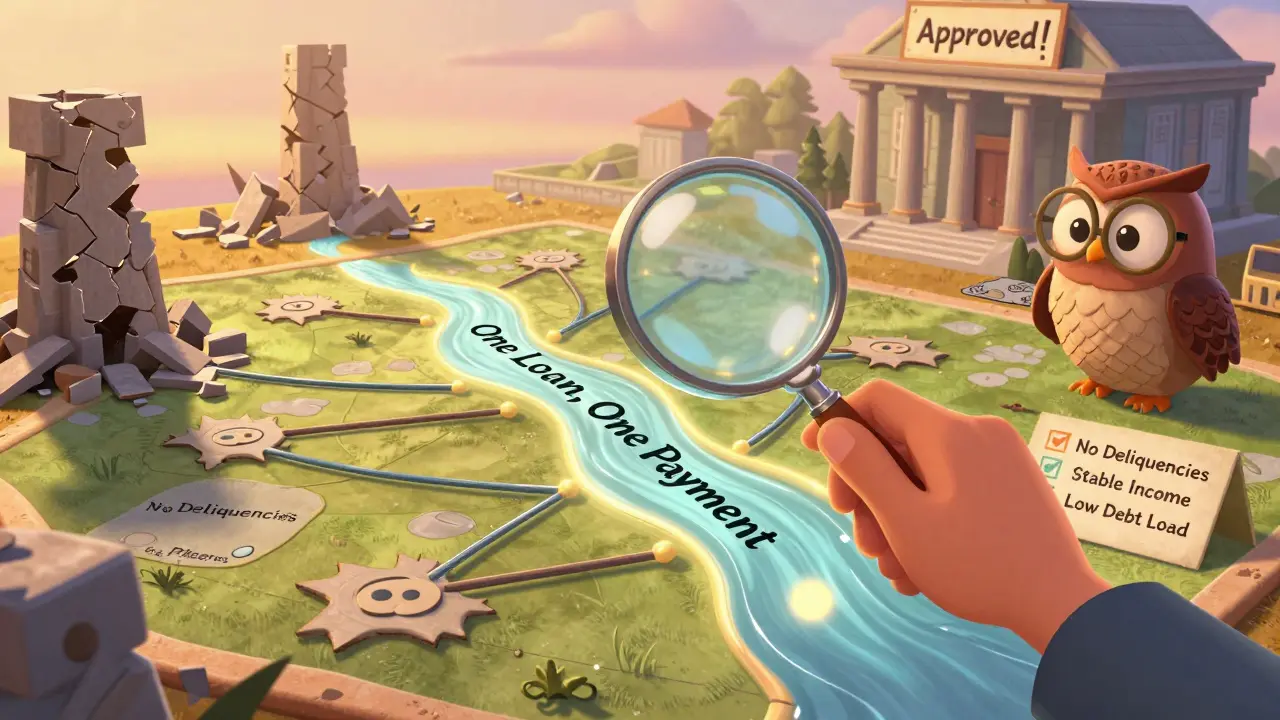 Человек с лупой смотрит на карту долгов, которые сходятся в один лёгкий кредит.