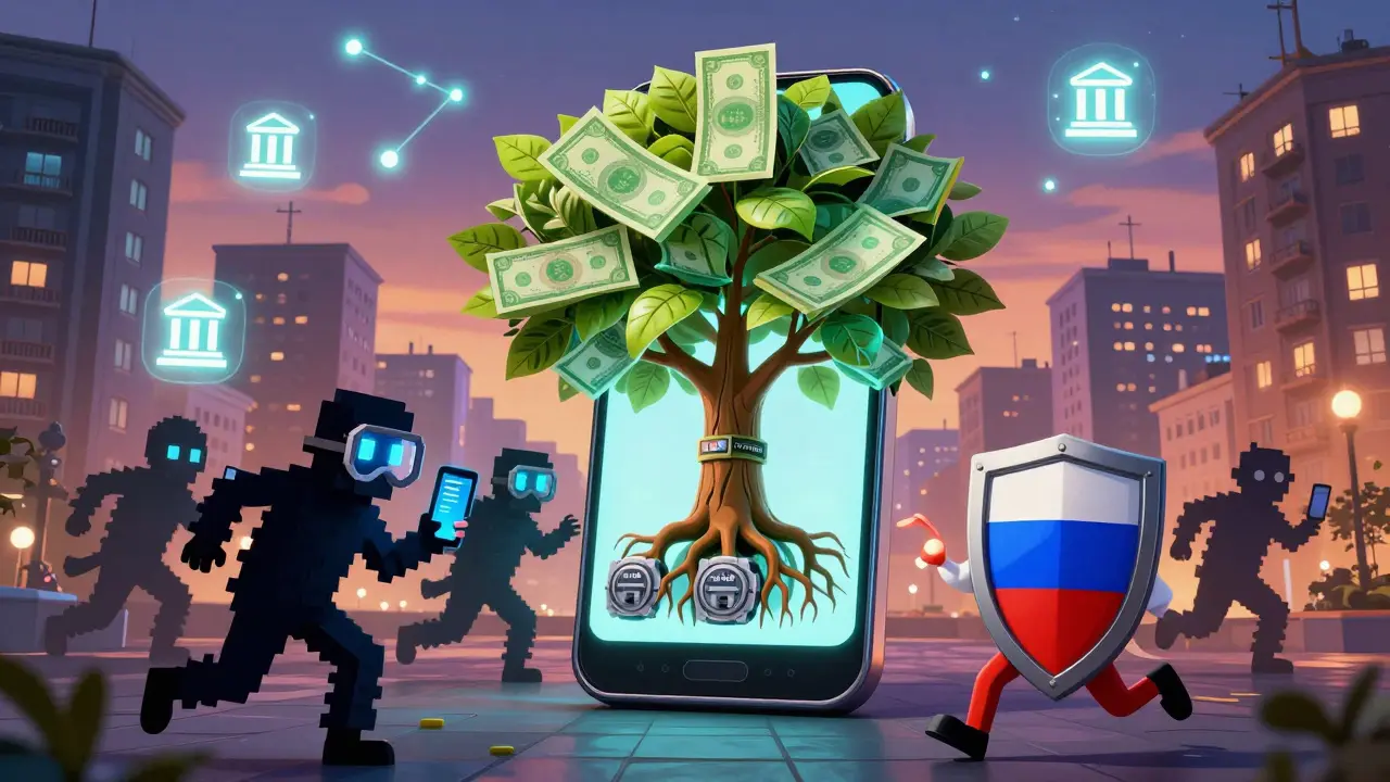 Цифровое дерево из денег растёт из телефона, защищённое щитом страхования вкладов.