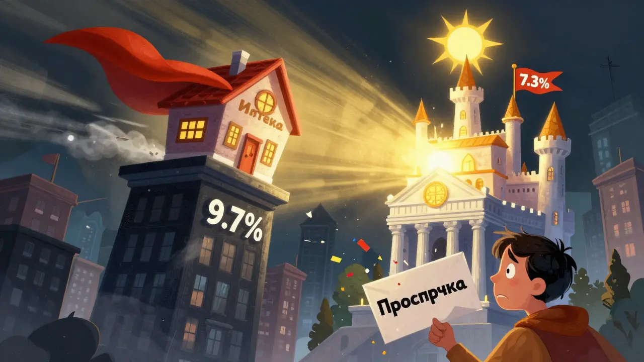 Дом-супергерой улетает от старого банка к новому в сказочном мультяшном стиле, разбивая знак просрочки.