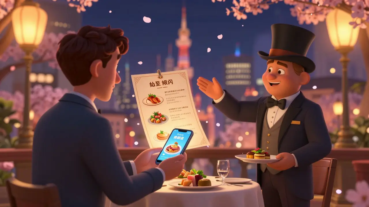 Дружелюбный консьерж помогает клиенту забронировать ужин в Токио, вокруг — волшебные огни и цветущие сакуры.