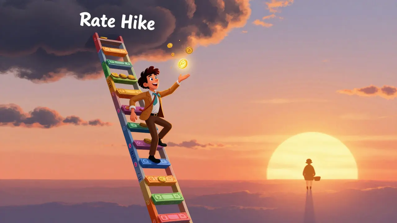 Инвестор лазит по лестнице из облигаций, собирая купоны, вдали — долгосрочная облигация светится на закате.