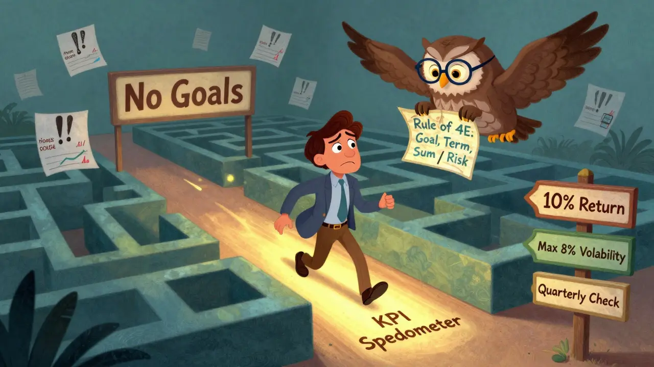Инвестор в лабиринте без целей, мудрая сова даёт ему карту с правилом 4E и KPI-дорожными знаками.
