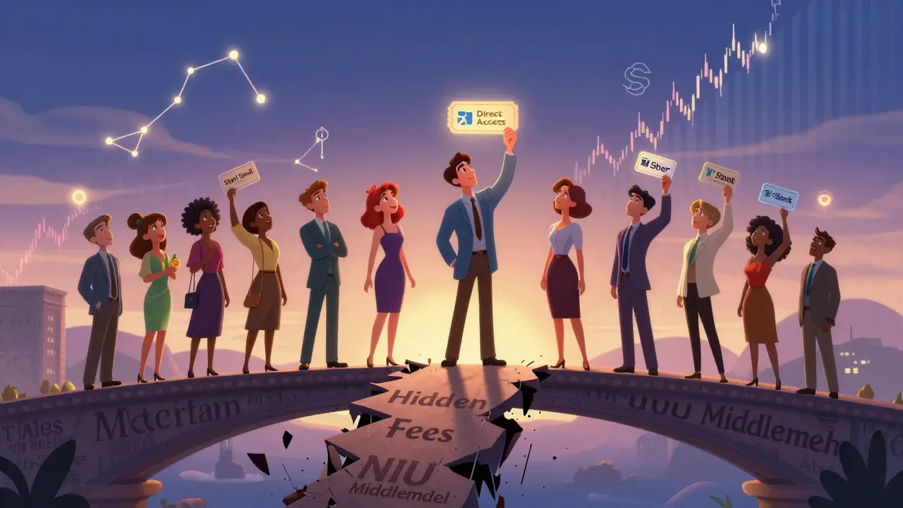 Инвесторы идут по мосту к будущему, один с ключом прямого доступа, другие — с простыми билетами.