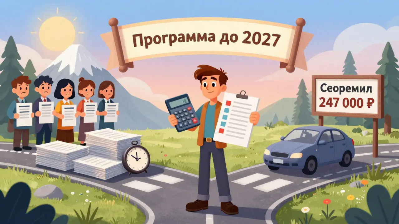 Мужчина на перекрёстке выбирает между сложностями и экономией, за ним — толпа отказанных и светлый путь к выгоде.