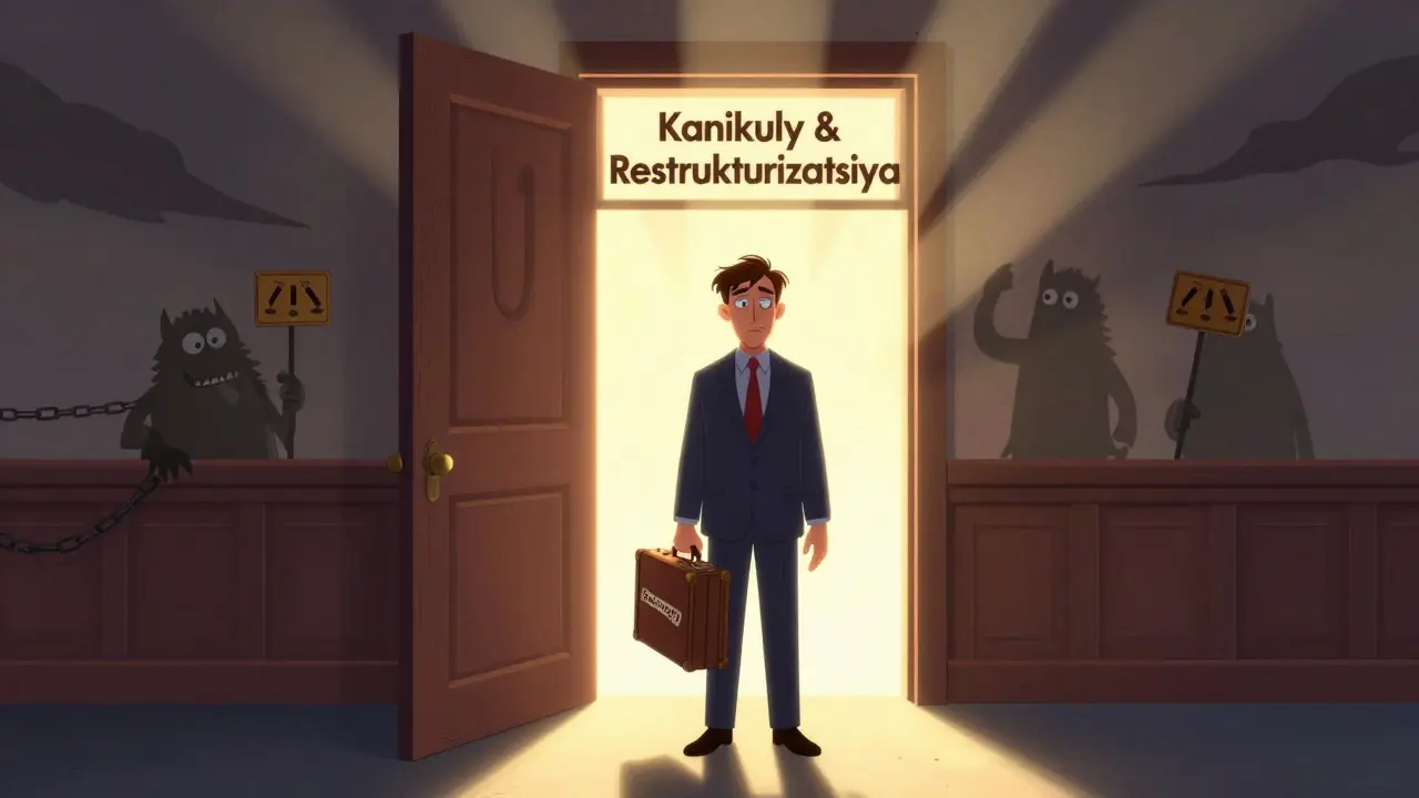 Мужчина перед судом, путь к реструктуризации освещён светом, тени долгов исчезают.