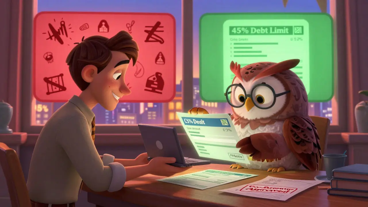 Мужчина передает ноутбук мудрой сове, которая проверяет кредитный отчет, на столе — документы об одобрении.