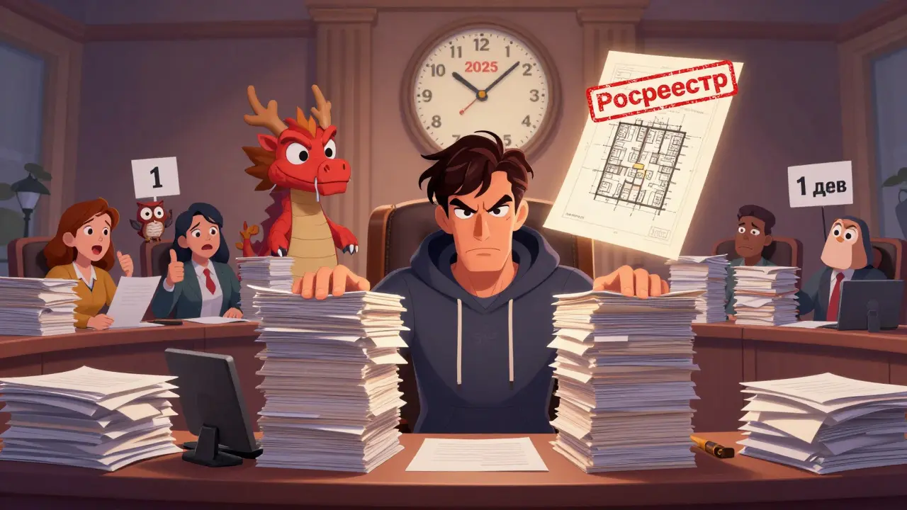 Мужчина представляет документы банку-дракону, часы показывают 2025 год, над новой квартирой — печать Росреестра.