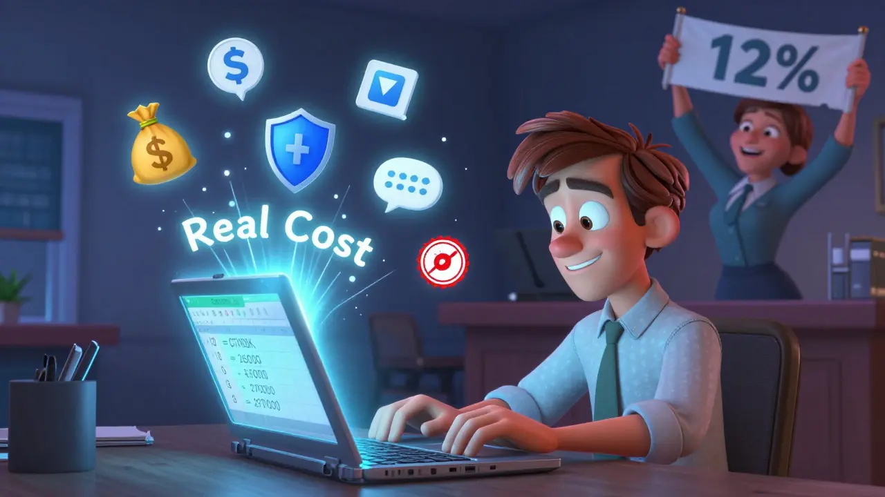 Мужчина рассчитывает эффективную ставку в Excel, а скрытые платежи исчезают в вихре реальной стоимости.