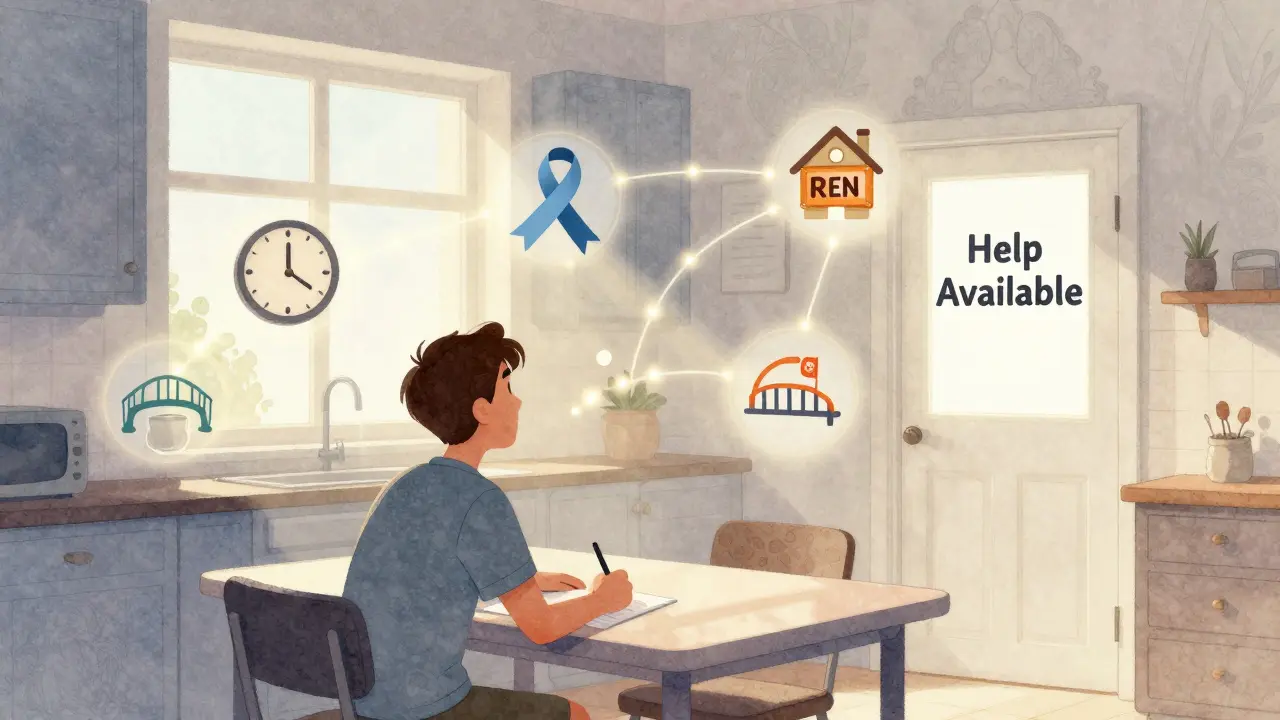 Мужчина за столом с волшебными иконками финансовых решений, ведущими к светлому выходу.