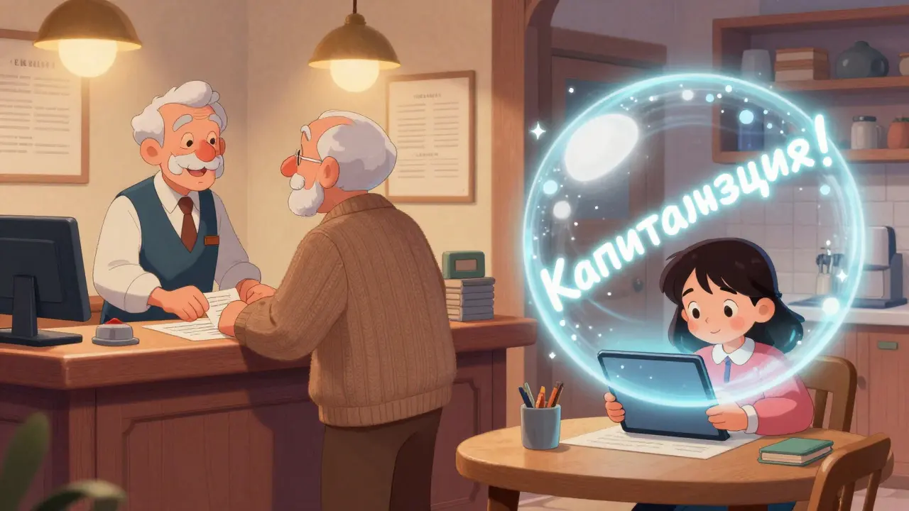 Пожилой мужчина в банке и его внучка с планшетом — сравнение онлайн и офиса.