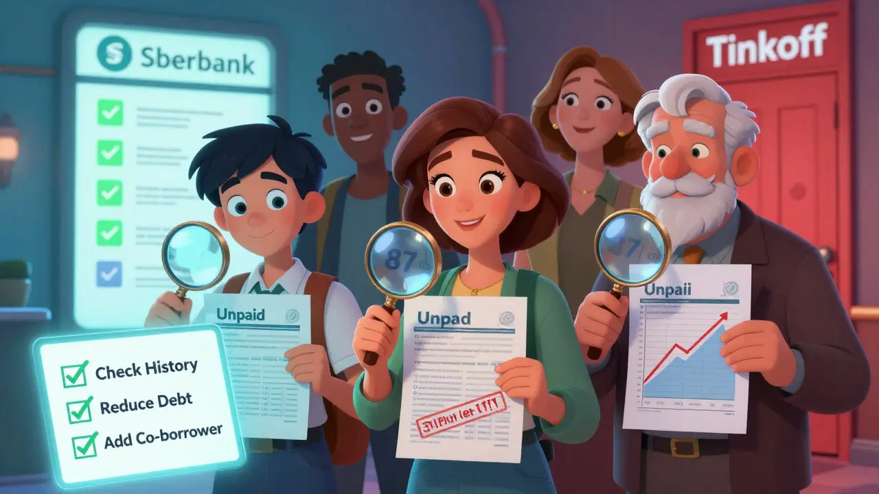 Разные люди проверяют свои кредитные истории с увеличительными стеклами, фон — банки с зелеными и красными дверями.