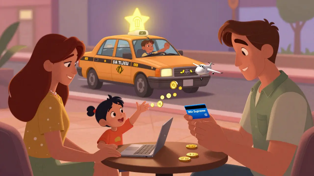 Семья использует премиальную карту, получая кешбэк и удобства в путешествии, вокруг — сияющие монеты и улыбающийся водитель такси.