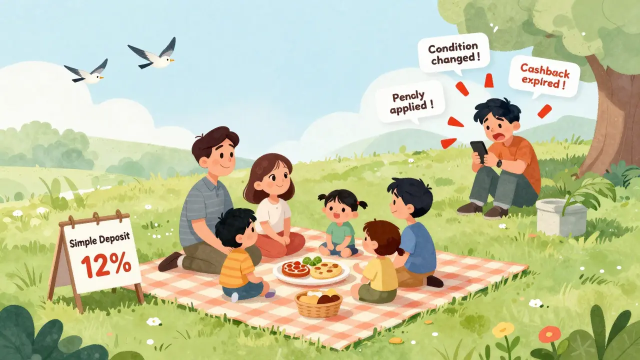 Семья отдыхает с простым вкладом, в то время как другой человек погружен в банковские сложности.