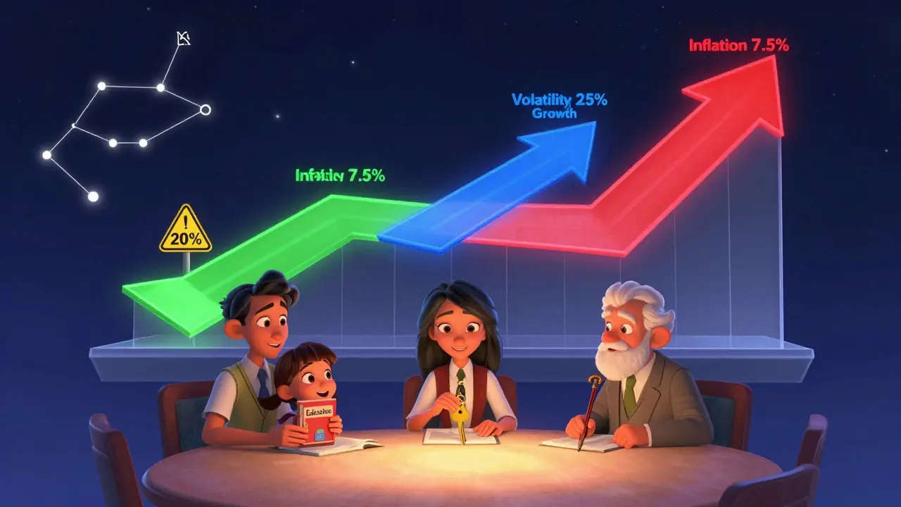 Семья с разными финансовыми целями, над ними — цветная диаграмма с показателями доходности и риска.