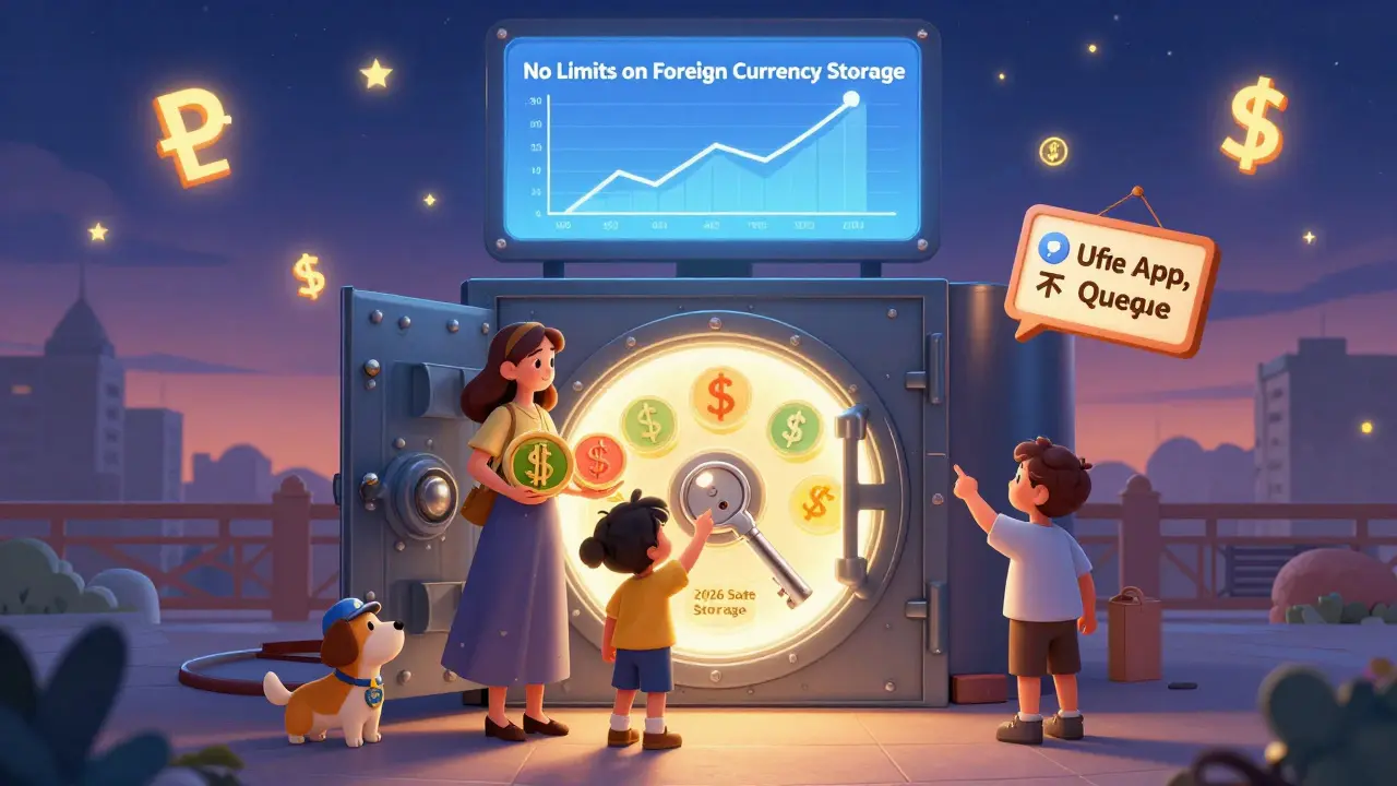 Семья стоит перед цифровым сейфом с валютами, на фоне — график роста и надпись о хранении без ограничений.