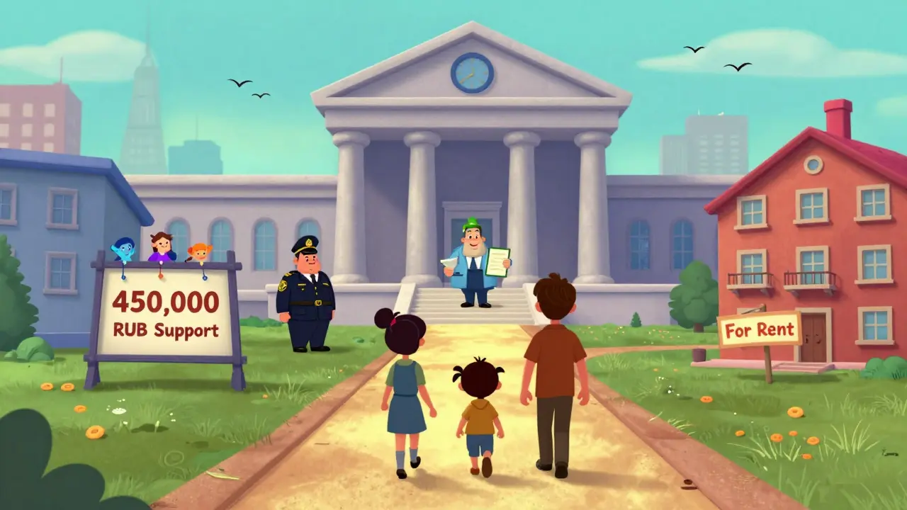 Семья уходит от банка к пути помощи с символами субсидии, аренды и дружелюбного банкира.