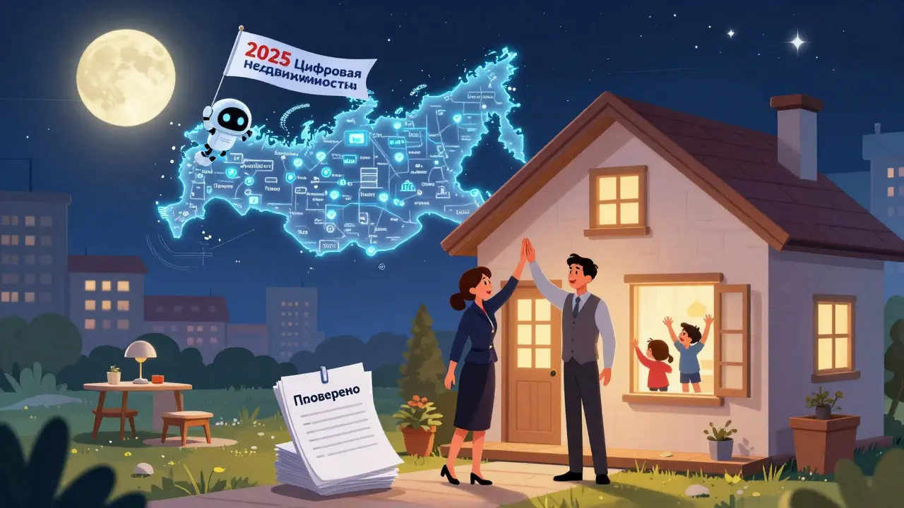 Семья въезжает в новую квартиру, цифровая карта России светится за ними.