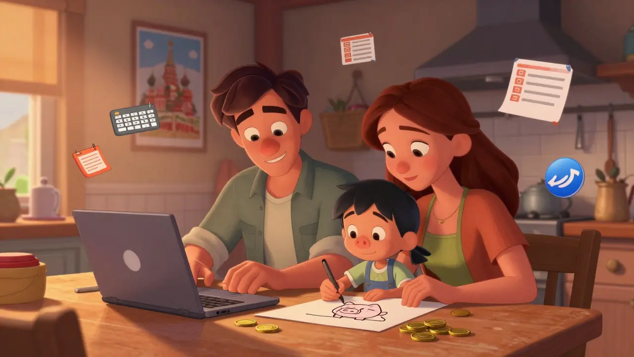 Семья за кухонным столом анализирует кредитный график, ребенок рисует копилку, вокруг — символы подработок.
