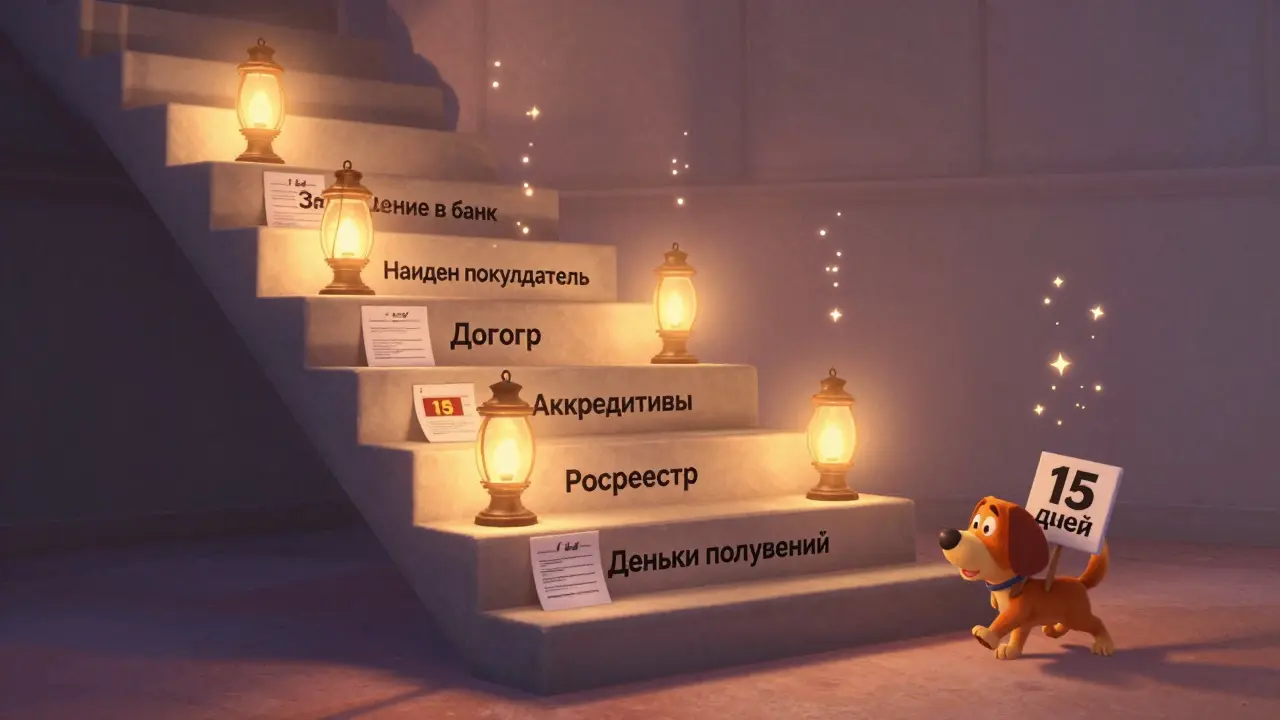 Шесть шагов к продаже ипотечной квартиры, каждый освещён светом и ведёт к успеху.