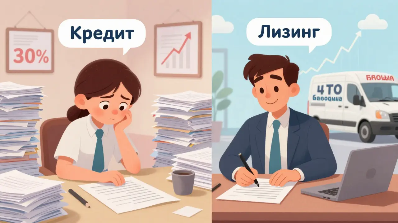 Сравнение кредита и лизинга: напряженный бизнесмен и спокойный владелец с ваном