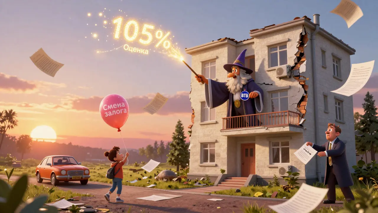 Старый дом превращается в новый под волшебным воздействием, документы светятся, ребёнок держит воздушный шар.