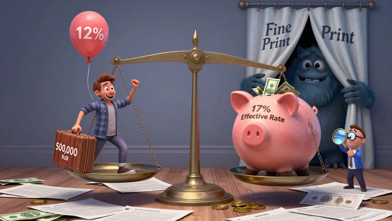 Весы финансов: один край — клиент с кредитом, другой — переплата, тень банка прячется за &#039;мелким шрифтом&#039;.