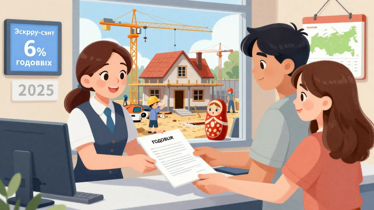 Банковский служащий выдает кредит на строительство дома, за окном — стройка.