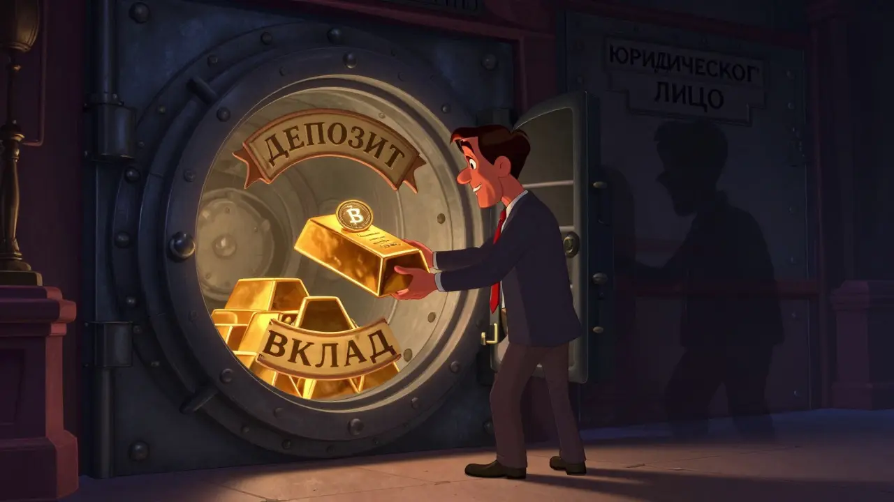 Бизнесмен кладёт золото и криптовалюту в депозит без защиты, рядом — защищённый вклад.